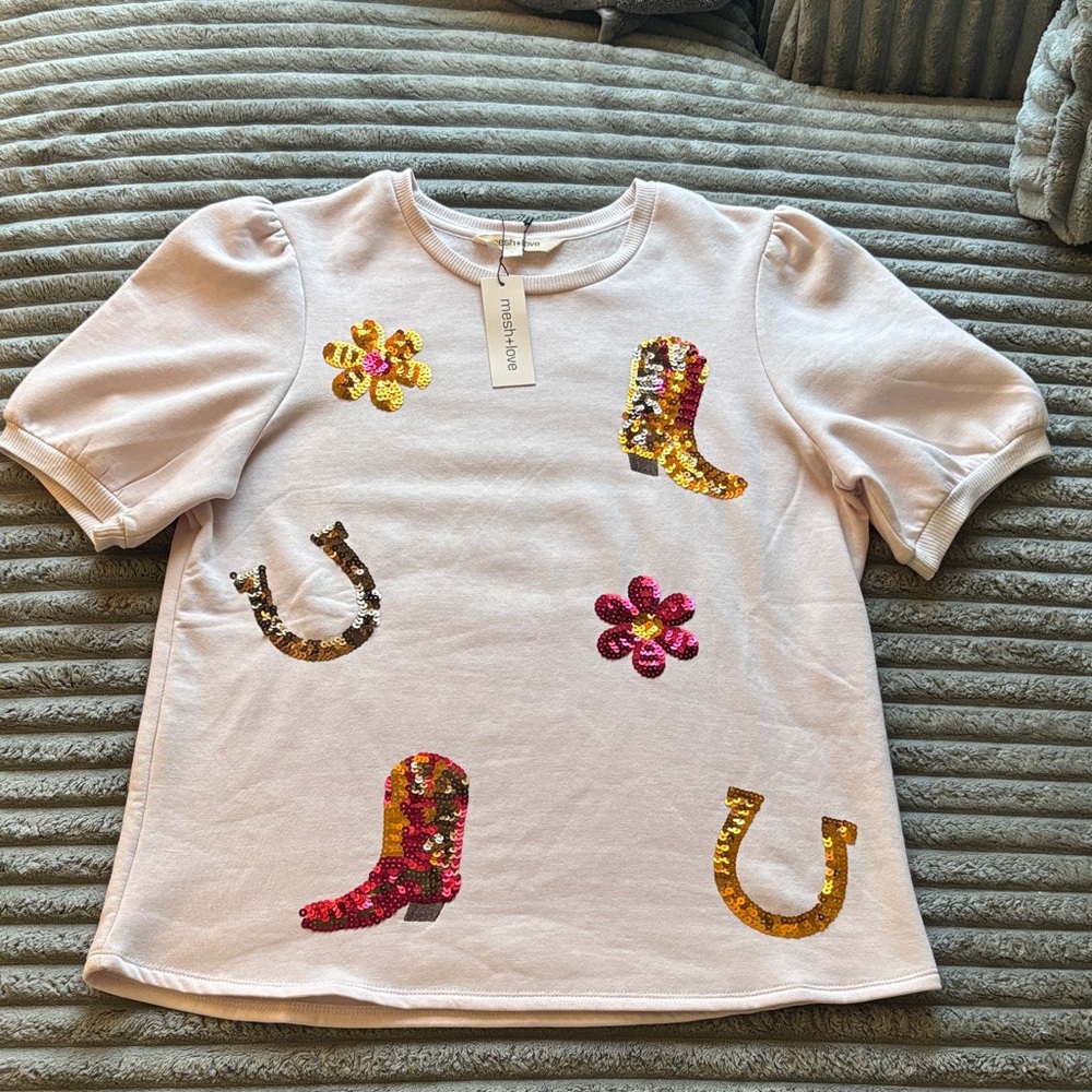 Mesh+Love Pink Sequin Western Boots, Horseshoe and Flowers Short Sleeve Top